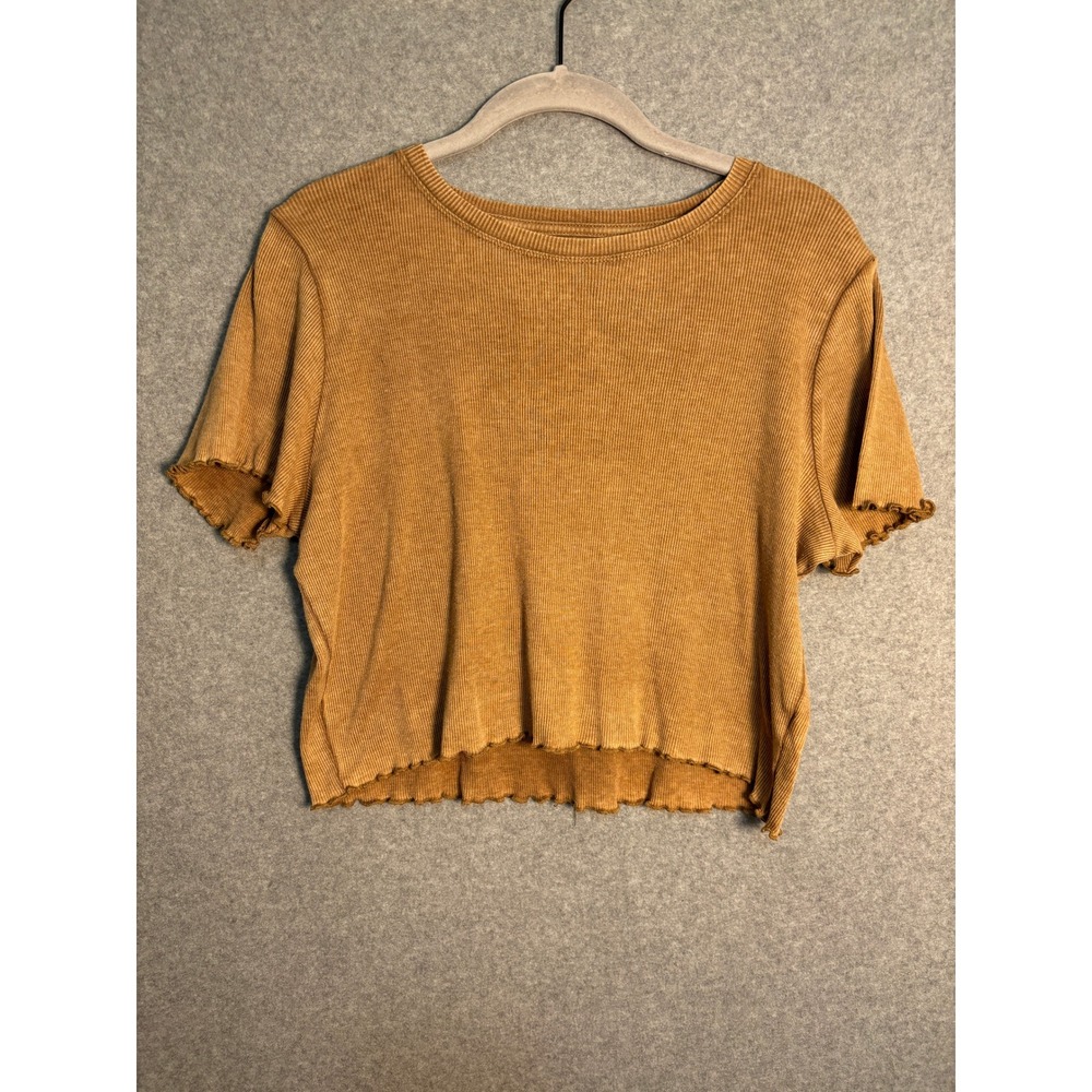 Aerie Women's Brown Ribbed Lettuce Hem Cropped Tee Top M Earthy Minimalist y2k